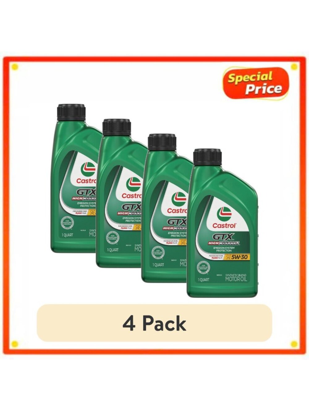 4 Pack Castrol GTX High Mileage 5W-30 Synthetic Blend Motor Oil 1 Qt Jug Engine